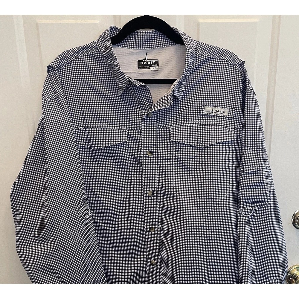 Habit Blue Gingham Plaid Performance Fishing Shirt Vented Pocket UPF40+ Mens XL